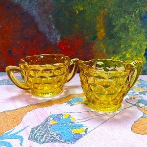 VTG Yellow Amber Depression Glass Cubist Creamer and Sugar Set